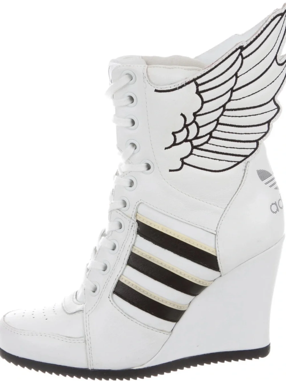 Jeremy Scott White Wedge Sneakers with Black and Gold Stripes and Wing Detail 10